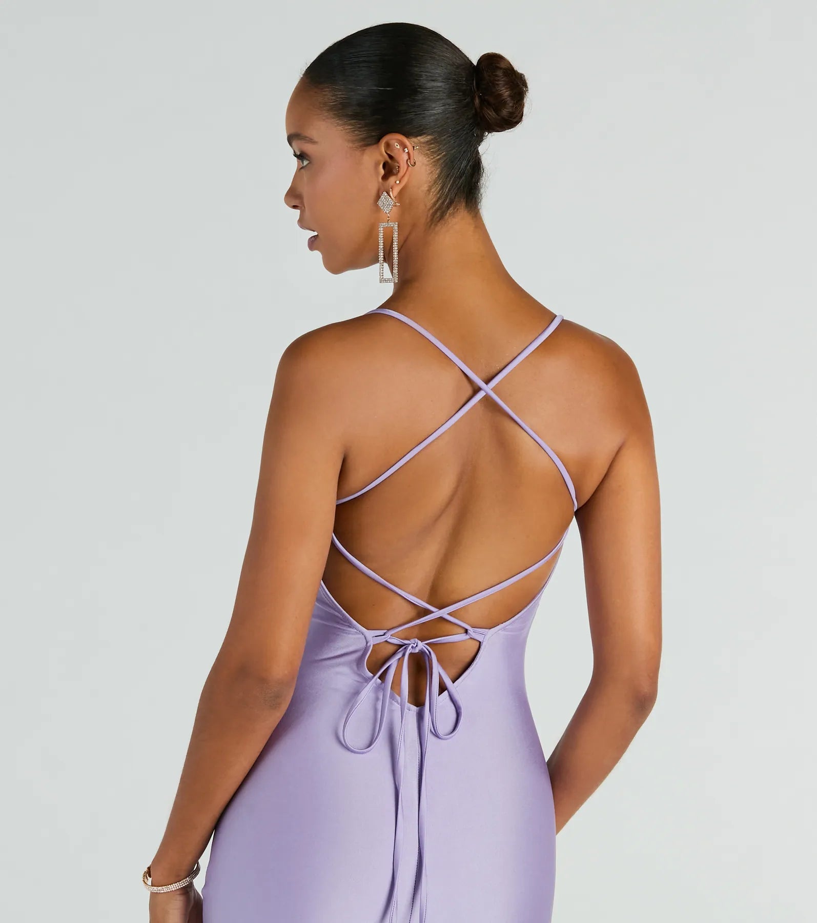 Natalie Cowl Neck Lace-Up Slit Column Dress