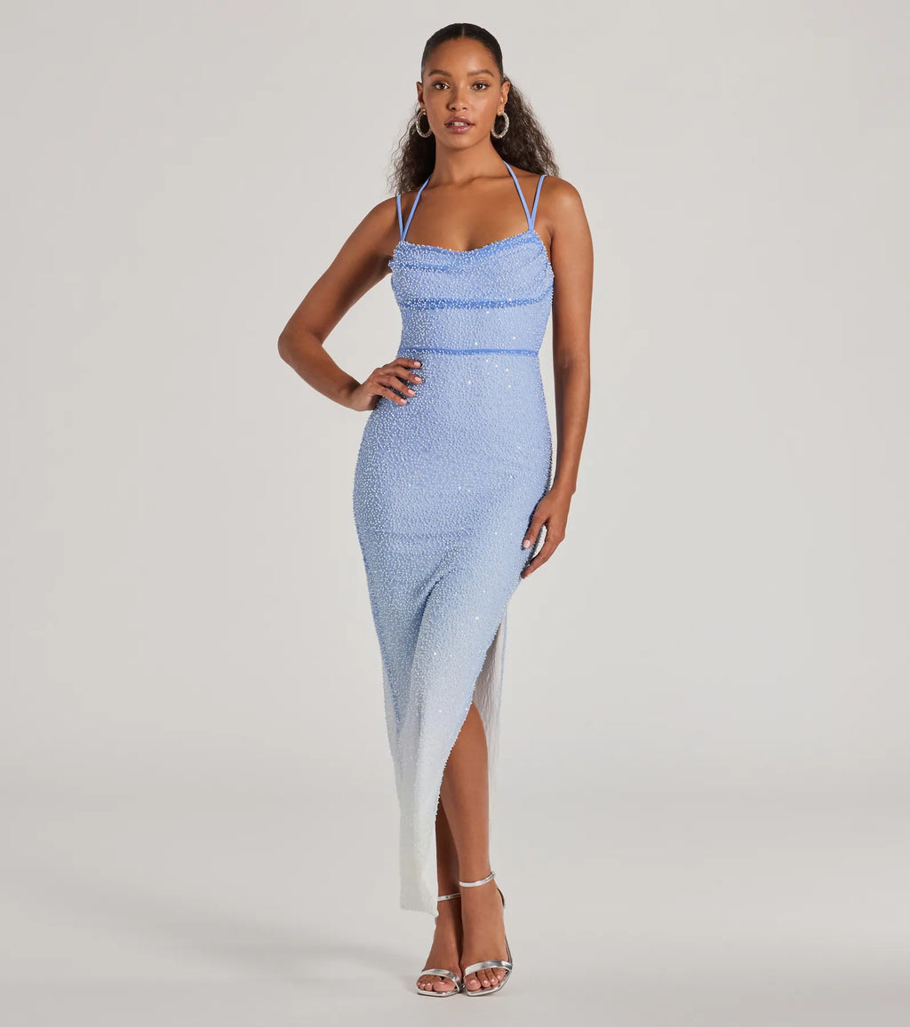 Nia Beaded Ombre Mesh High Slit Formal Dress